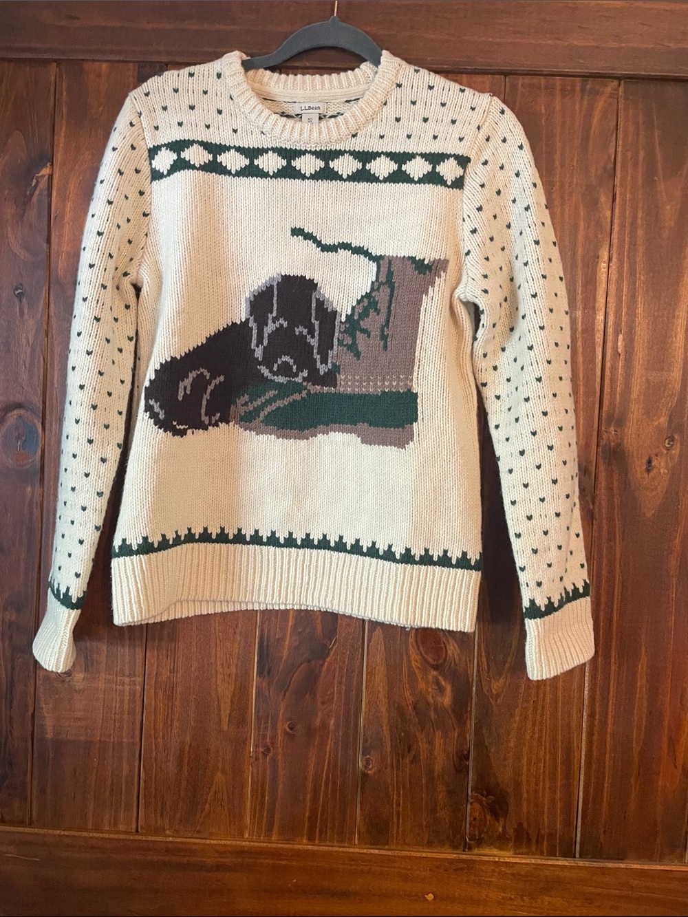 L.L. Bean Cream Crew Neck Sweater with Green Bean Boot and Brown Dog Motif